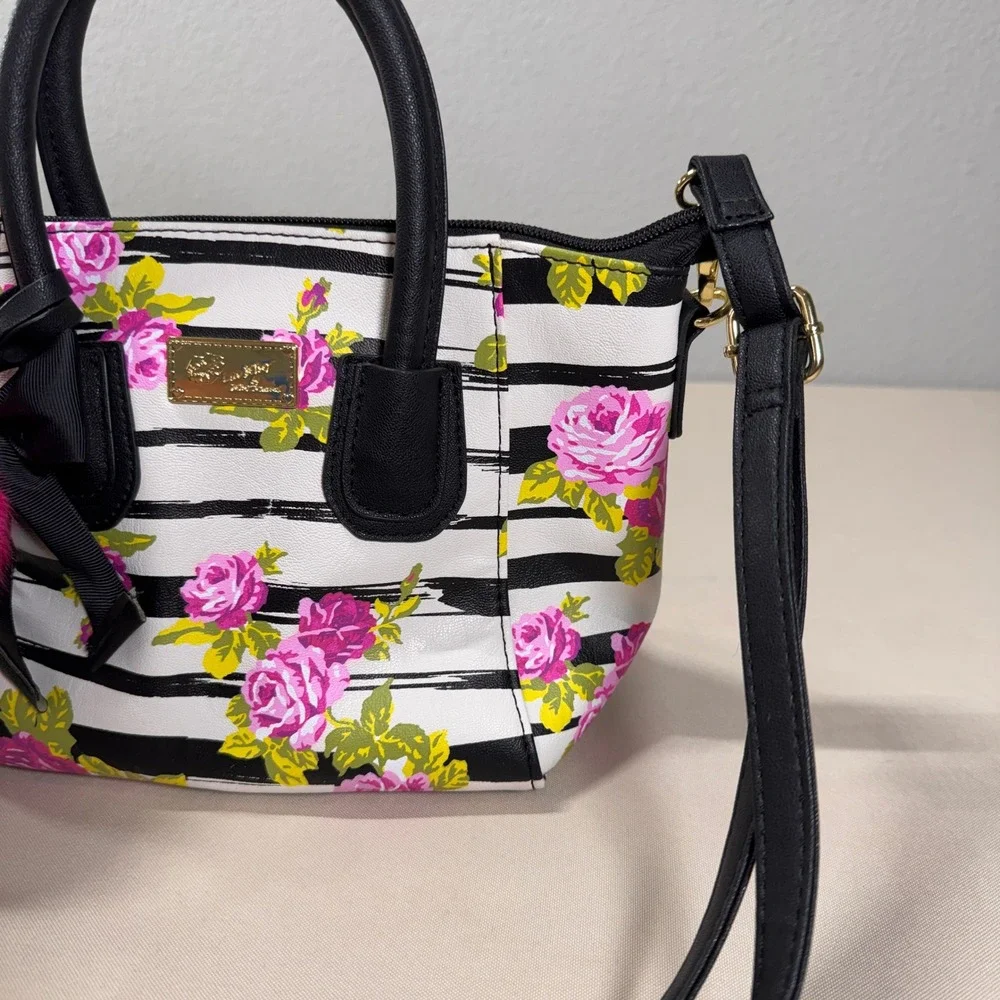 Luv Betsey by Betsey Johnson Small Floral Striped Crossbody Bag Black Pink Girly